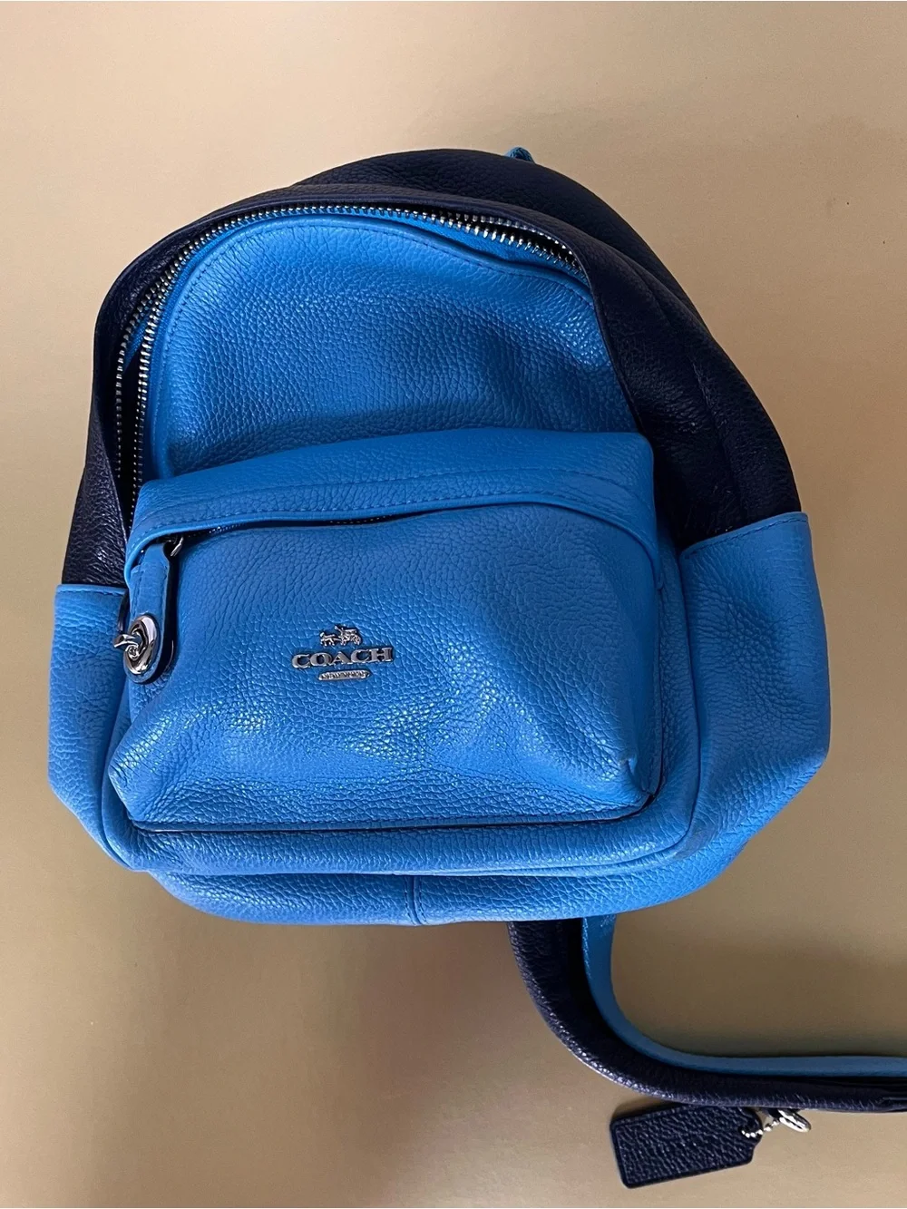 Coach Mini Backpack Blue Black Pebbled Leather Two Tone Silver Hardware